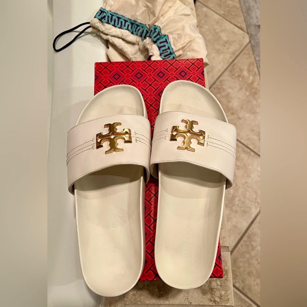 Tory Burch Cream Slides with Gold Emblem - Picture 2 of 6